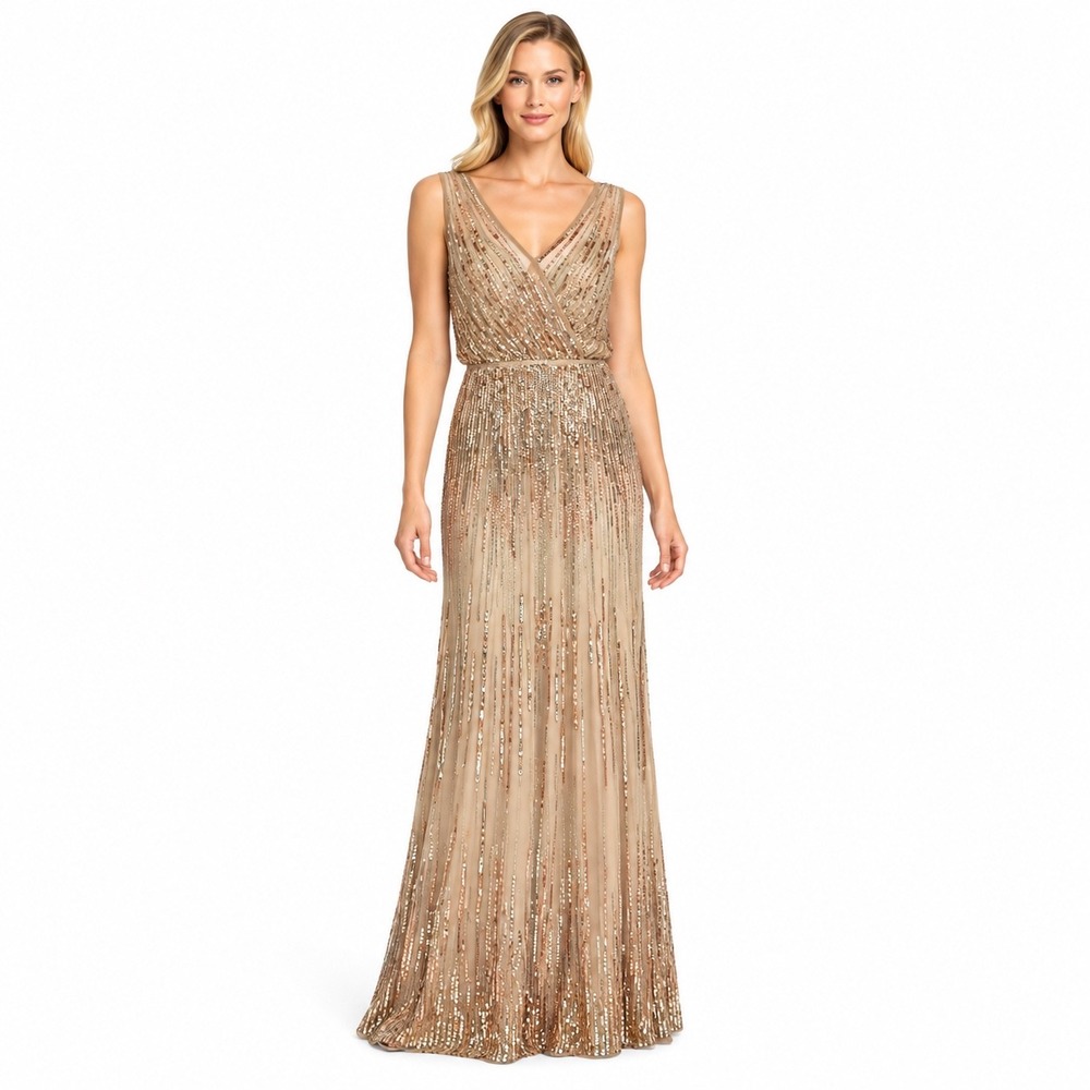 Adrianna Papell Rose Gold Sequin Blouson V-Neck Gown Dress Size 8 Formal Gala